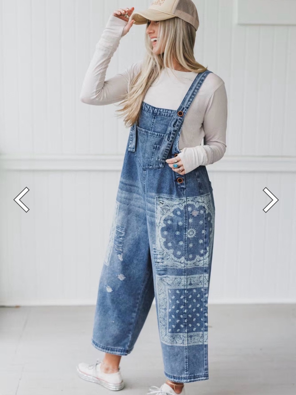Easel Denim Bandana Patch Wide-Leg Overalls - Blue - Picture 12 of 14